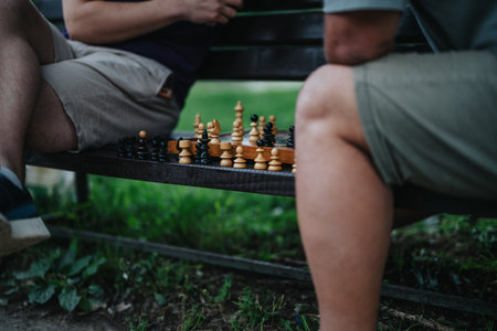 Two people playing chess on a bench in the park