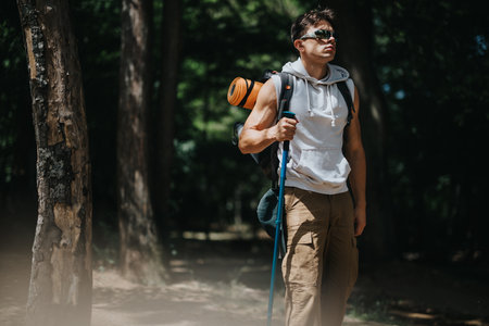 Young man hiking through sunlit forest carrying backpack and trekking poleの写真素材
