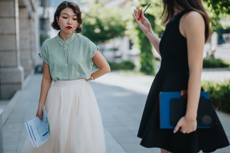 Asian businesswomen having a serious discussion outdoors in a professional setting.の写真素材