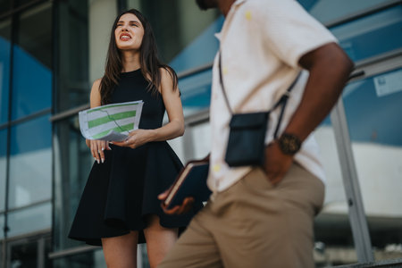 Multicultural businesspeople discussing new projects and marketing strategy outside office buildingの写真素材
