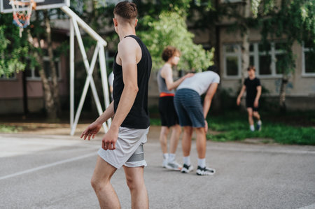 Energetic group of friends enjoying a casual basketball game at an old neighborhood court on a sunny...