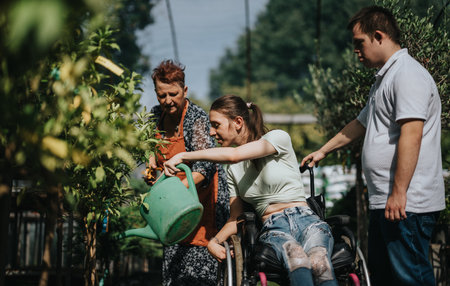 Inclusive gardening with diverse group in sunny settingの写真素材