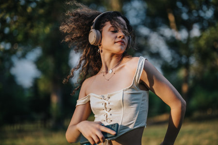 Gorgeous girl enjoying modern dance in a sunny parkの写真素材
