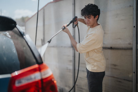 Young man cleaning car with high pressure washerの写真素材