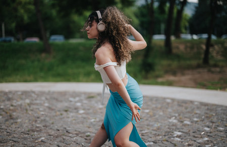 Young girl dancing gracefully in a green park, showcasing modern dance moves with headphones,...
