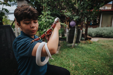 Girl playing with colorful snakes in a garden setting