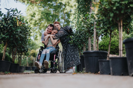 Family bonding outdoors with wheelchair and down syndrome support