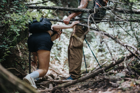 Young hikers explore a forest trail on a sunny summer day, enjoying nature and adventure togetherの写真素材