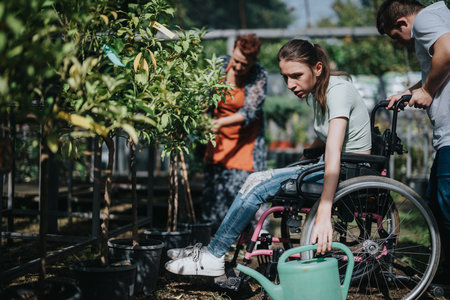 Young girl in wheelchair gardening with supportive family membersの写真素材