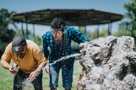 Friends enjoying a refreshing day in the park by a water fountain on a sunny dayの写真素材