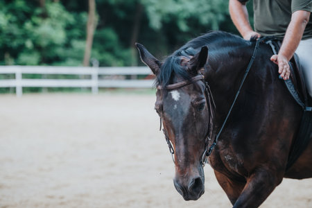 Close-up of a horse being ridden in an outdoor arenaの写真素材