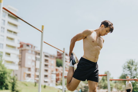 Fit young man stretching in the park for outdoor workout sessionの写真素材