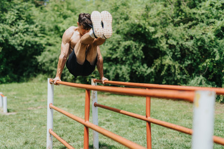 Fit strong male doing intense workout in park on parallel bars