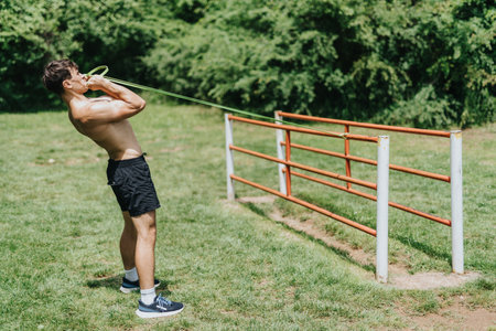 Fit man exercising with resistance bands in a park, showcasing outdoor fitness and strength
