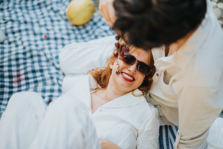 Happy couple enjoying a picnic with grapes and laughter outdoorsの写真素材