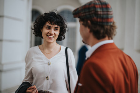 Smiling woman engaging in conversation outdoors with a friend in a casual settingの写真素材