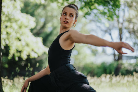 Lovely girl dancing in nature, female dancer performing modern dance in natureの写真素材