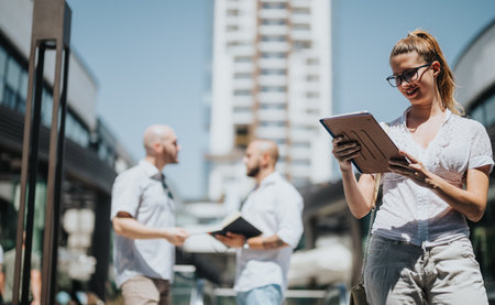 Business professionals in an urban city setting, discussing tasks and working on a tablet outdoorsの写真素材