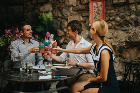 Friends enjoying cocktails at a lively outdoor cafe gatheringの写真素材