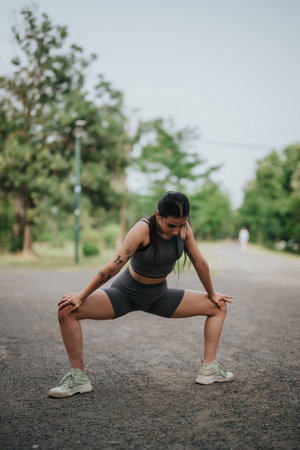 Young woman in a park, expressing joy and freedom through movement in a serene outdoor setting surrounded by lush greenery.の写真素材