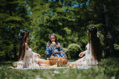 Three sisters enjoying a sunny picnic in the park, sharing laughter and family timeの写真素材