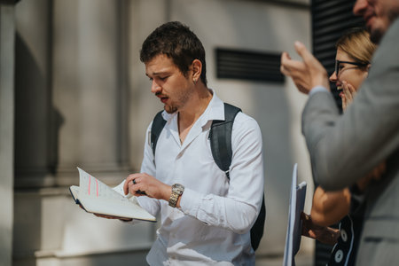 Business professionals engaged in a discussion, analyzing sales reports and marketing strategies outdoors on a sunny dayの写真素材