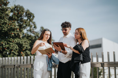 Business associates discussing marketing strategy and financial planning in an outdoor meetingの写真素材