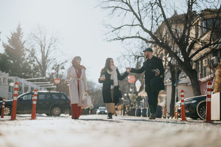 Three business teammates are captured in conversation, enjoying the winter sunshine while walking on a city street.の写真素材