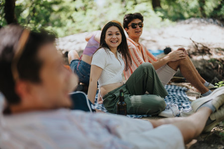 Happy friends enjoying a picnic outdoors in the sunny forestの写真素材