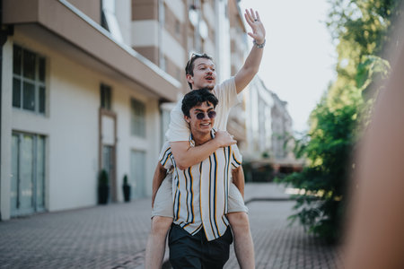 Friends enjoying a piggyback ride on a sunny city dayの写真素材