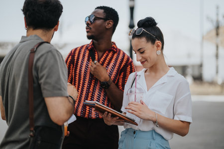 Multiracial business people in outdoor meeting discussing sales and strategizing growthの写真素材