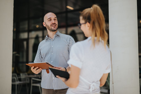 Business colleagues discussing work outdoors with digital tablets during a casual meetingの写真素材