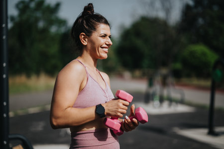 Woman exercising with dumbbells outdoors on a sunny day in a park