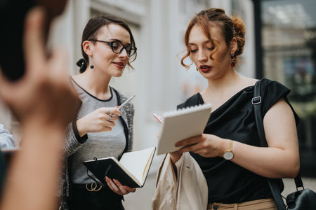 Professional women collaborating outdoors with notepads, discussing business ideas and strategiesの写真素材