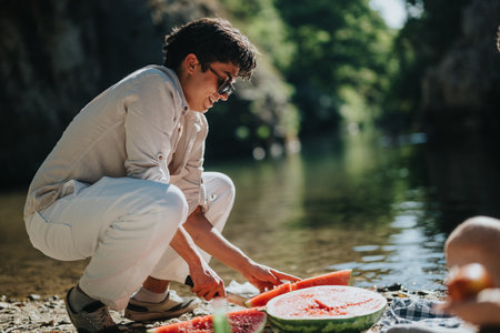 Man preparing fresh watermelon slices by a tranquil riversideの写真素材