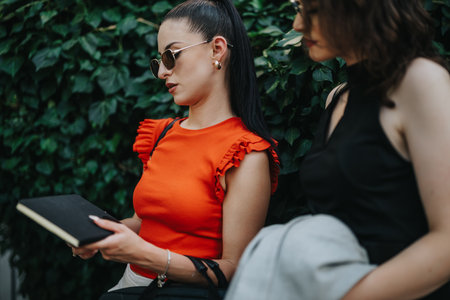 Two businesswomen outdoors reading notebook in leisure timeの写真素材