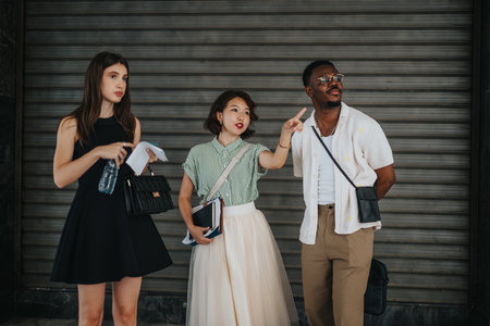 Young, multicultural business team strategizing outdoors discussing market growth and innovative ideasの写真素材