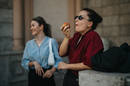 Young businesspeople meeting outdoors enjoying a break and socializingの写真素材