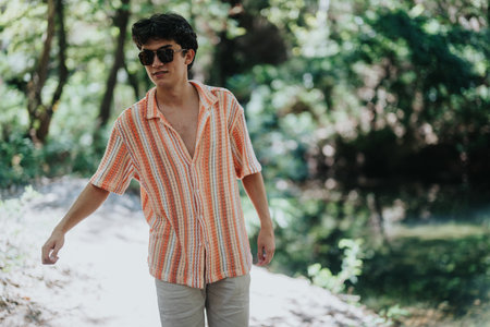 Young man enjoying a walk in a sunny forest landscapeの写真素材