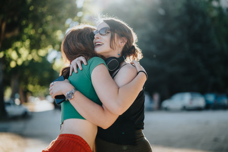 Two friends embracing in a sunny outdoor settingの写真素材