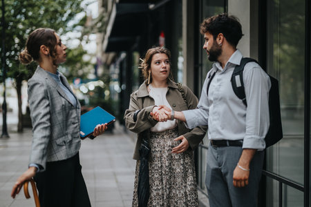 Businesspeople meeting outdoors and greeting each other with a handshakeの写真素材