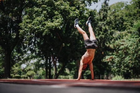 Athletic man performing handstand on track in park, showcasing strength and balanceの写真素材