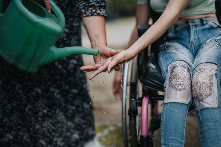 Helping hand pouring water over young womans hands outdoorsの写真素材