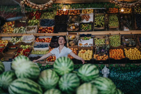 Happy woman buying fresh fruits and vegetables at bustling greengrocer stallの写真素材