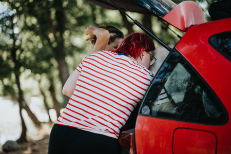Friends exploring nature and preparing for a summer adventure by the carの写真素材