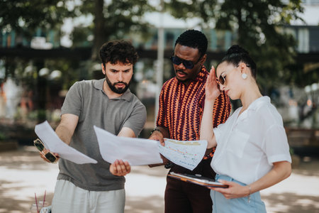Multiracial business team analyzing growth and discussing statistics outdoorsの写真素材
