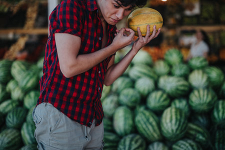 Friends choosing fresh fruits and vegetables at outdoor marketの写真素材