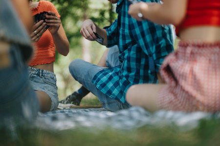 Group of friends enjoying a sunny day in the park playing card gamesの写真素材