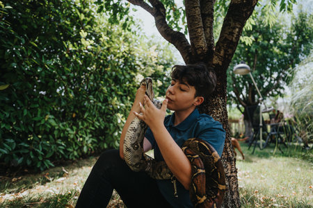 Young girl enjoying outdoor time with a large snake under a tree