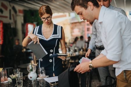 Group of professionals organizing a meeting in a cafe settingの写真素材